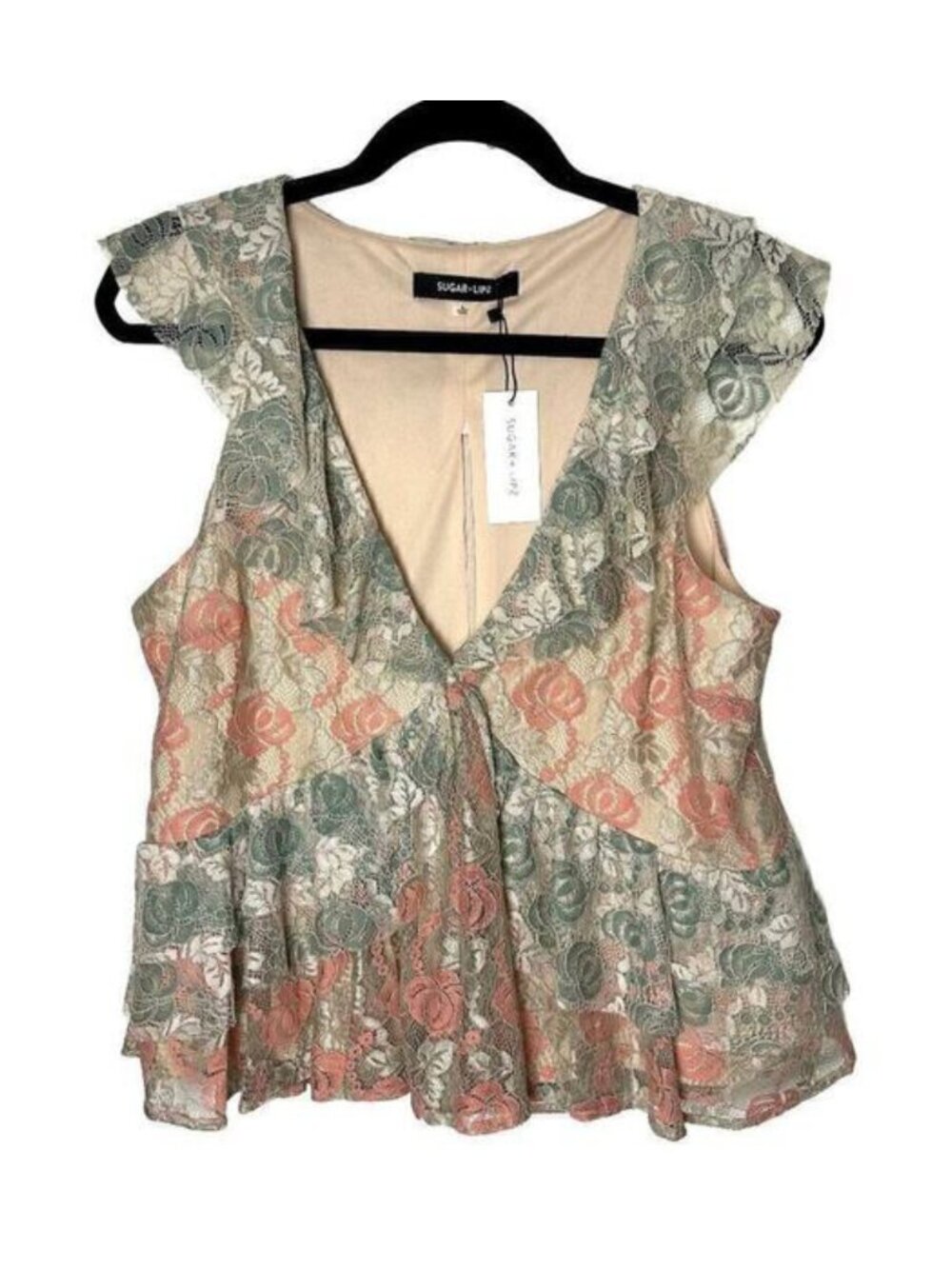 Sugarlips Floral Lace Tank Top Large NWT Boho Ruffle Peplum Cream Peach Blouse